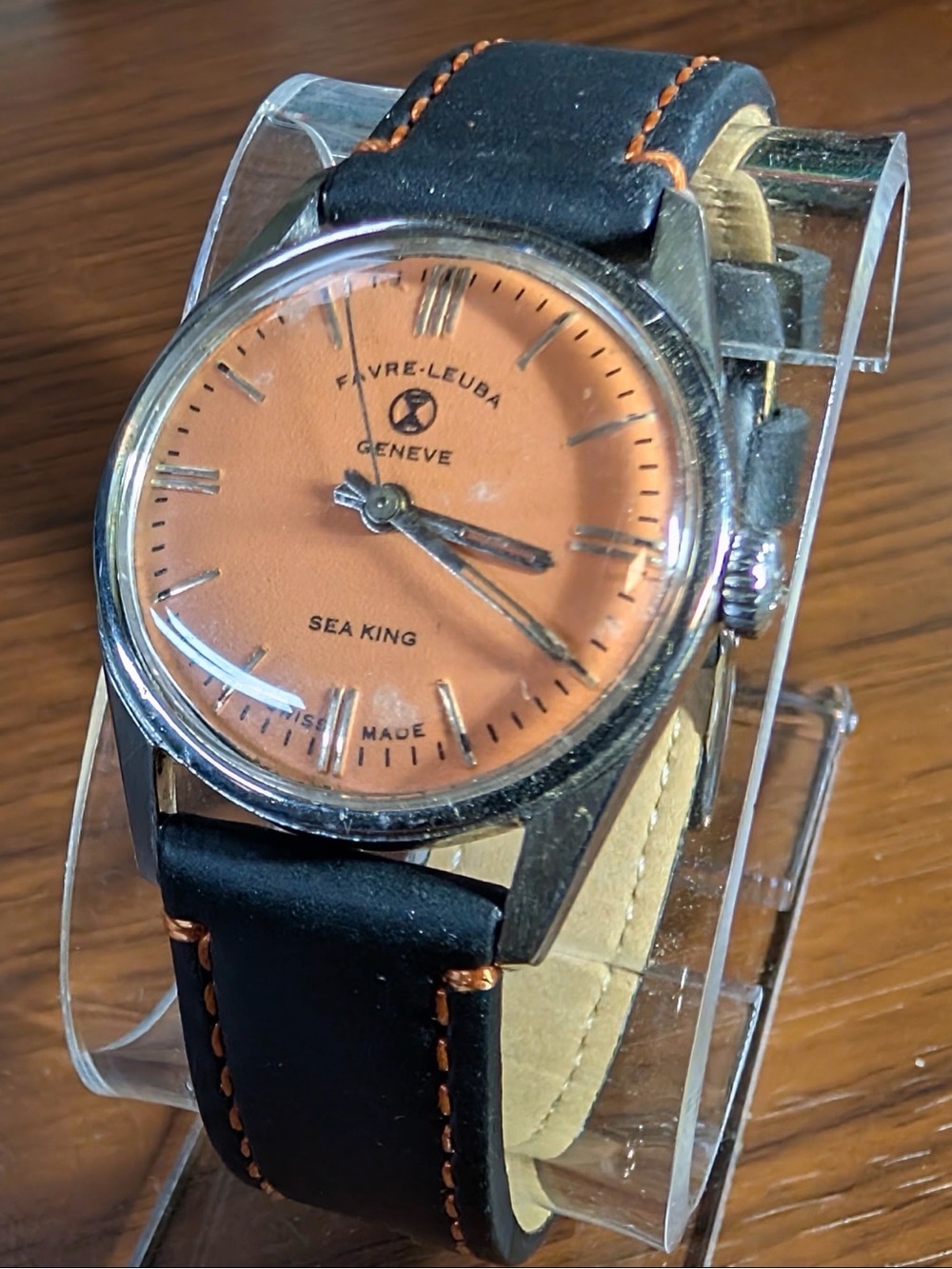 Sea King Men's Orange Dial Watch with Black Leather Strap